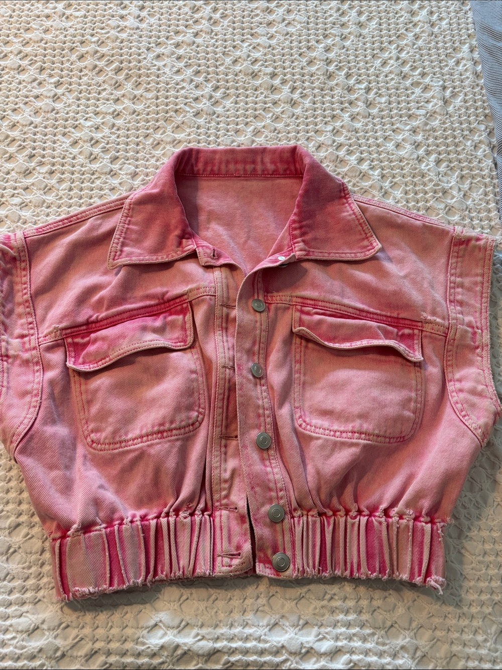 Girls Pink Cropped Button-Front Denim Vest